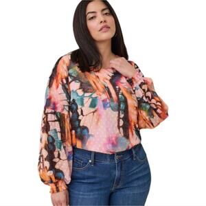 Torrid Chiffon Clip Dot Blouson Sleeve Floral Butterfly Watercolor Blouse 4X‎